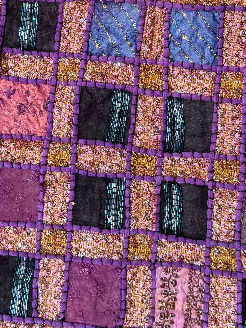 Handcrafted Purple Patchwork Square throw pillow covers boho maximalism beadwork